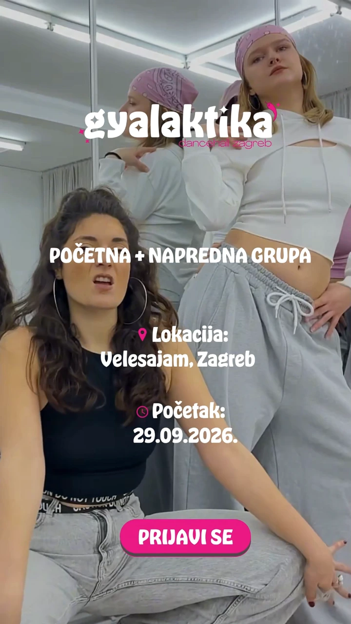 Frame from the V2 ad showing the Gyalaktika logo, class details, start date 29.09.2026 and the Prijavi se button
