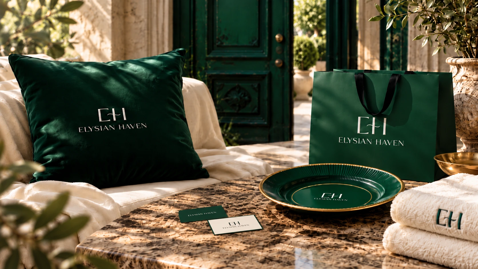 Elysian Haven brand identity concept on a velvet cushion, shopping bag, plate, towels and business cards