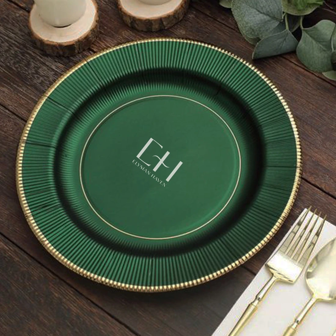 Green plate with gold rim in a table setting
