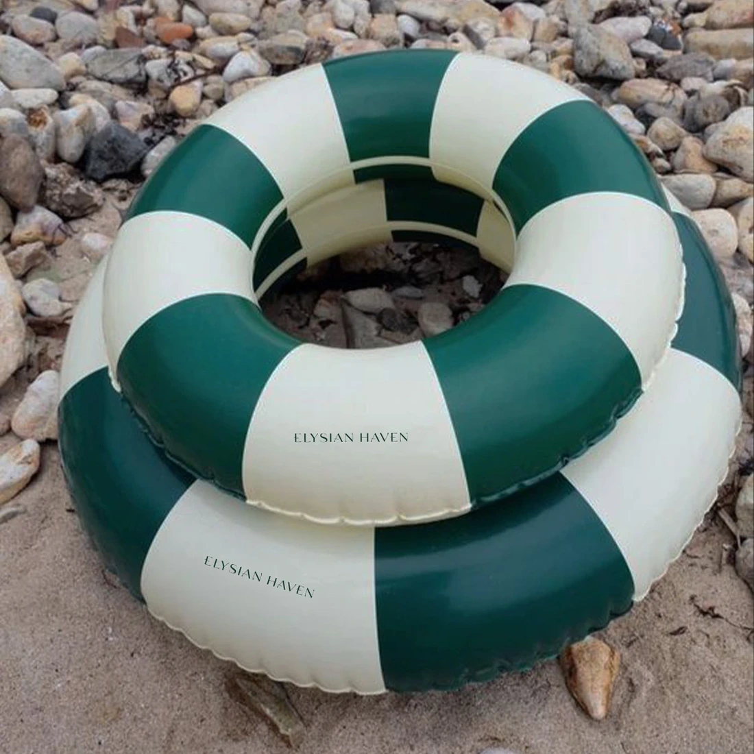 Green and ivory branded pool rings