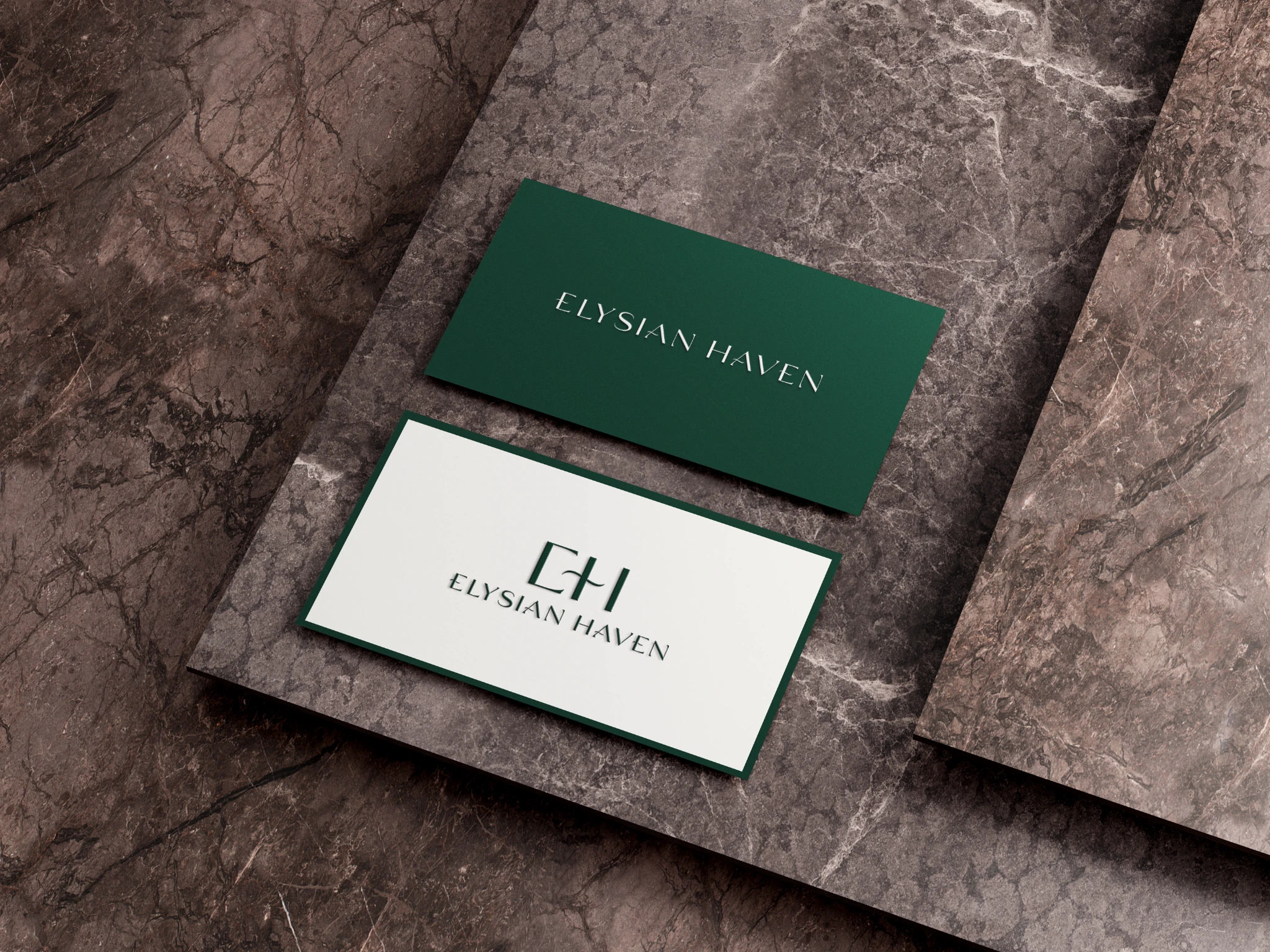 Elysian Haven identity on dark green and ivory business card mockups