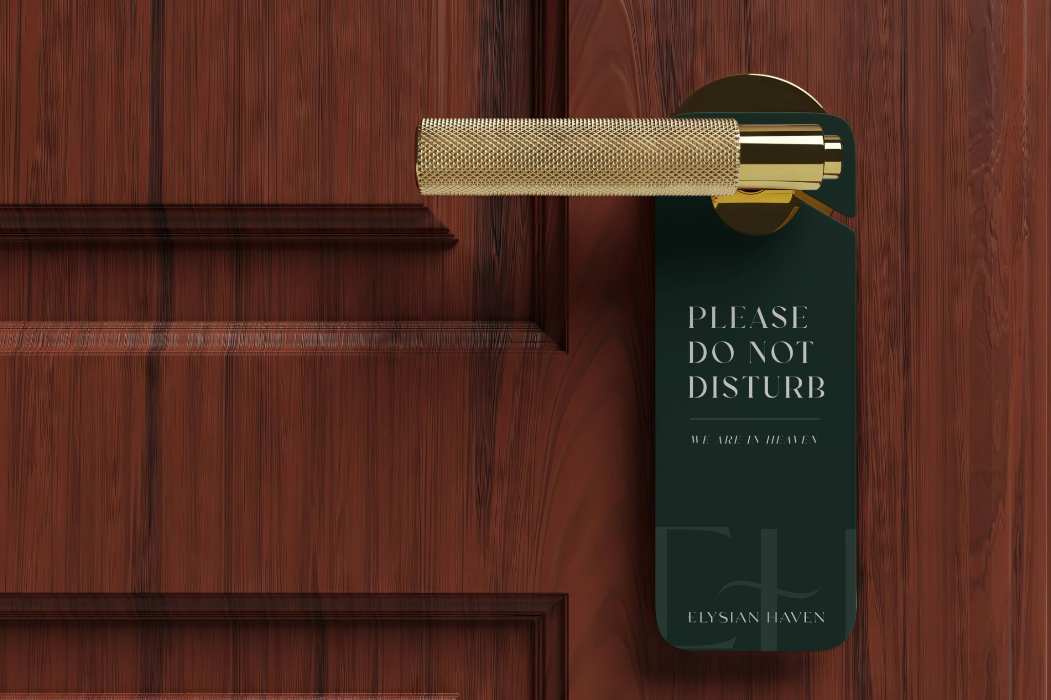 Dark green Elysian Haven do-not-disturb sign on a wooden door handle