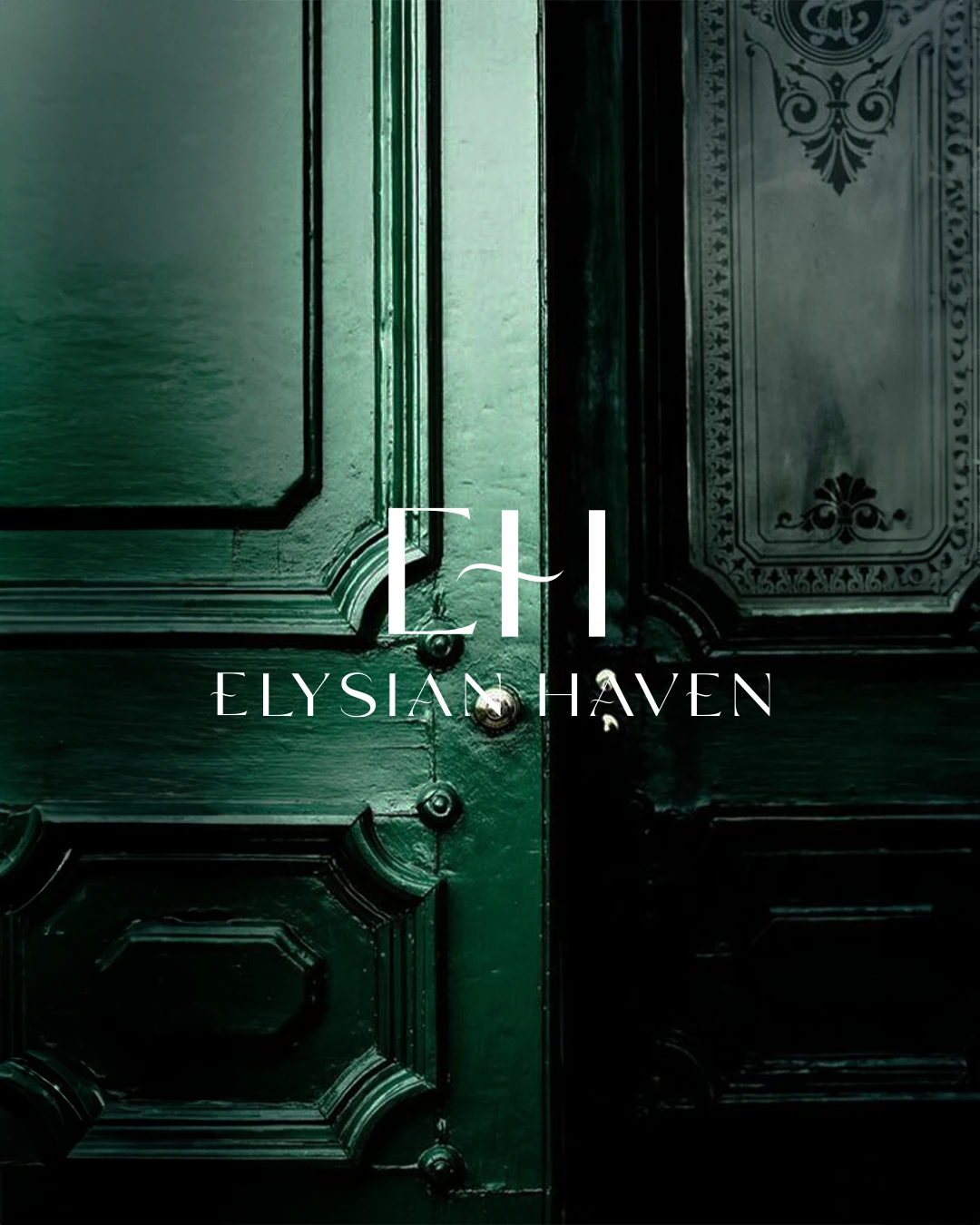 Elysian Haven monogram and logotype in white on a deep green door