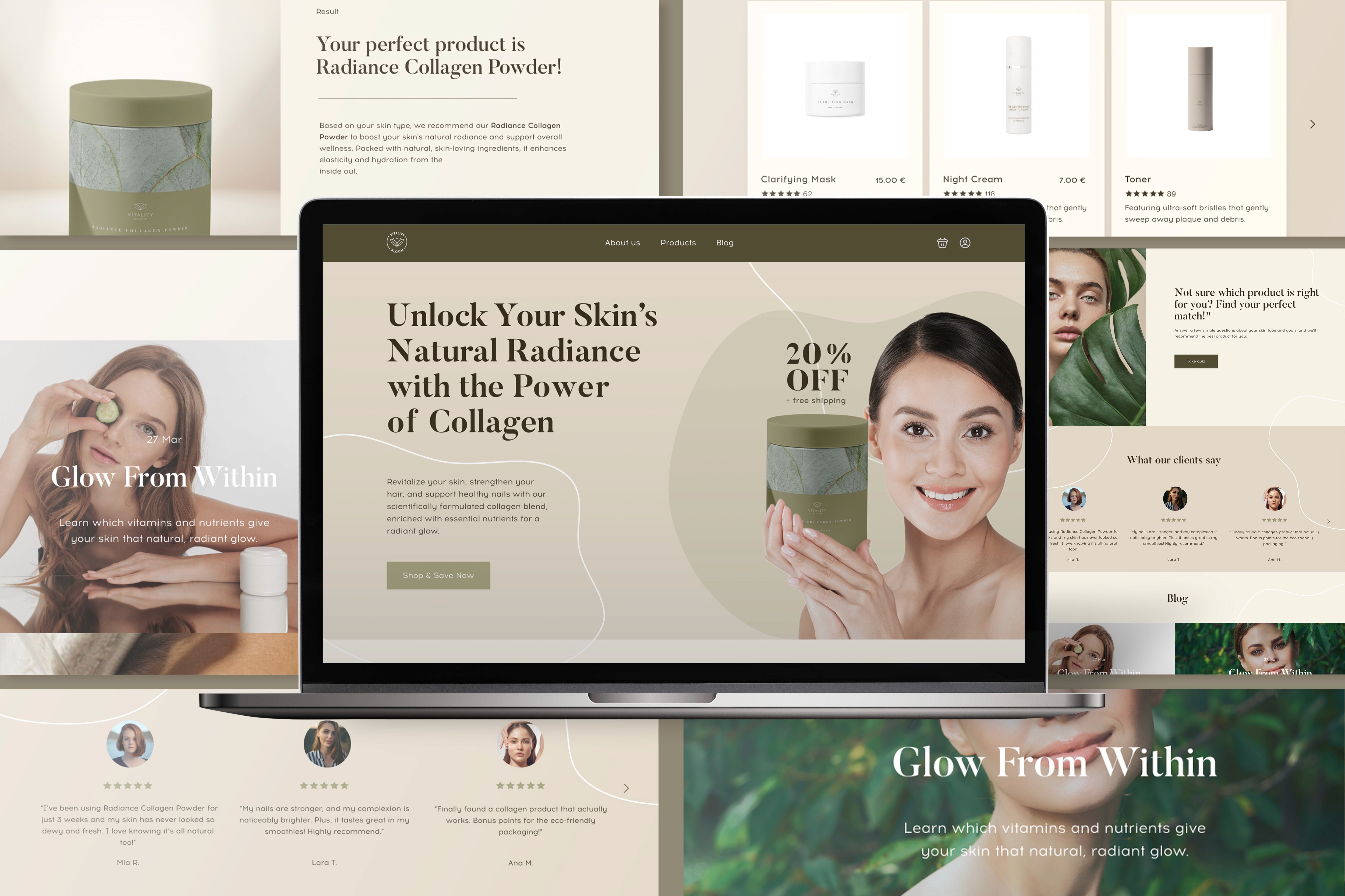 Vitality Bloom landing page concept: desktop hero on a laptop surrounded by product, quiz, testimonial and blog sections