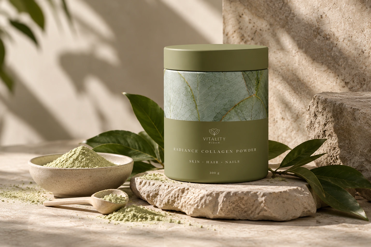 Vitality Bloom: Radiance Collagen Powder packaging on a stone surface